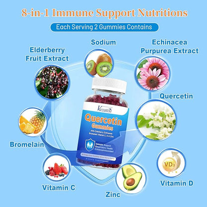 Quercetin with Bromelain Gummies, Quercetin with Vitamin C Zinc & Elderberry for Immune System & Allergy, Chewable & Vegan Gummies, 60 Cts