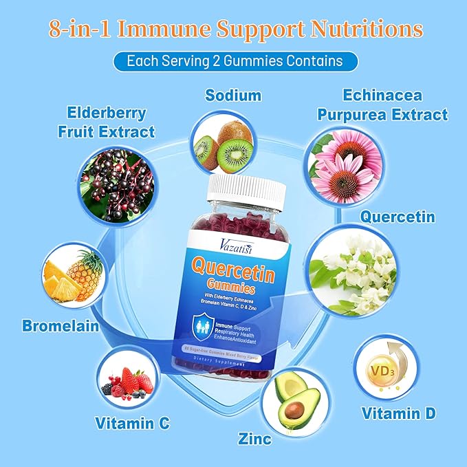 2 Pack Quercetin with Bromelain Gummies, Quercetin with Vitamin C Zinc & Elderberry for Immune System & Allergy, Chewable & Vegan Gummies, Mixed Berry Flavor 120 Cts