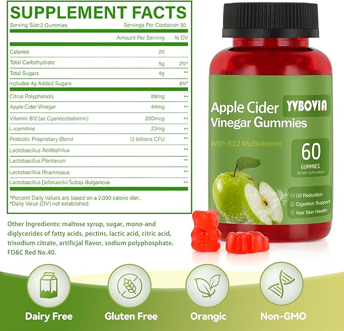 Apple Cider Vinegar Gummies with B12, ACV Supplement Gummy Vitamins,Gluten Free, Vegan, Non-GMO (60)