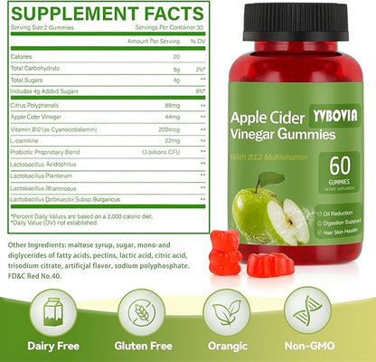 Apple Cider Vinegar Gummies with B12, ACV Supplement Gummy Vitamins,Gluten Free, Vegan, Non-GMO, 120 Count