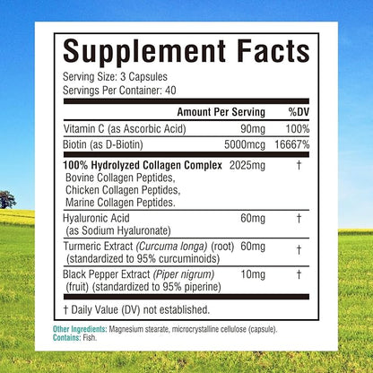 Innate Vitality Multi Collagen Peptides, Type I, II, III, Vitamin C, Biotin, Hyaluronic Acid & Turmeric, 2025mg Hydrolyzed Collagen for Women & Men, Skin, Hair & Nail Support, 120 Capsules