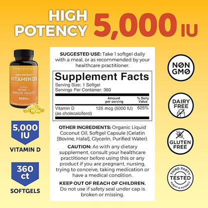 Viva Naturals Vitamin D3 5000 IU Softgels, 360 Count (125 mcg), Supports Bone & Immune Health, High Potency Vitamin D