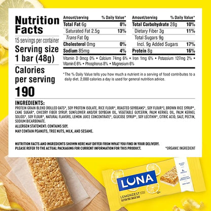 LUNA Bar - LemonZest Flavor - Gluten Free Snack Bars - Non-GMO - Protein Bars - Made with Organic Oats - Value Pack (12 Pack)
