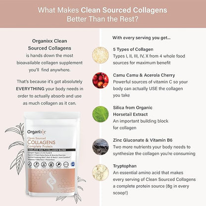 Organixx Clean Sourced Collagen Peptides Powder with Vitamin C, Types I, II, III, V, X Hydrolyzed Collagen, Hair, Nail, Skin, Bone & Joint Health, Aging Support, Gluten Free, Unflavored, 20 Servings