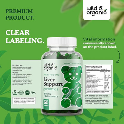 Wild & Organic Liver Support Gummies - Milk Thistle, Dandelion Root Extract for Liver Cleanse Detox - 60 Silymarin Milk Thistle Gummies - Vegan, Non-GMO Herbal Supplement.