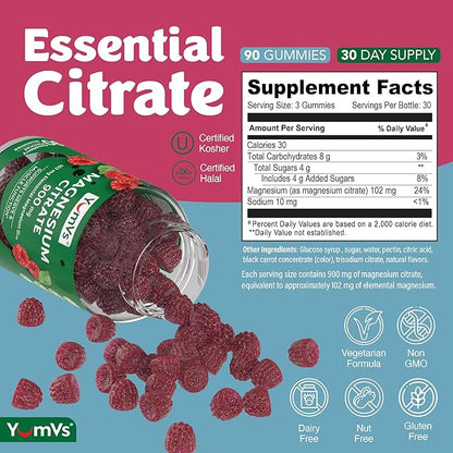 YUM-V'S Magnesium Citrate Gummies – 900mg Highly Absorbable Magnesium Gummies for Women & Men to Support Nerve, Muscle & Enzyme Function – Gluten-Free, Kosher & Raspberry Flavor 90 Count (Pack of 2)