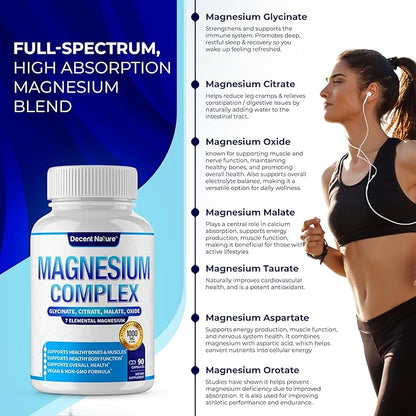 Magnesium Complex 7 Elemental Magnesium Supplement 1000mg – Magnesium Glycinate, Citrate, Malate, Taurate, Oxide, Aspartate, Orotate Non-GMO 90 Capsules