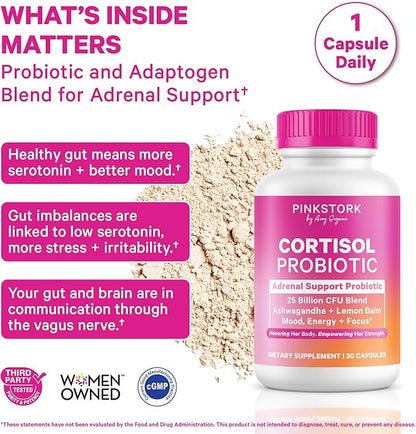 Pink Stork Cortisol Probiotic for Women – Mood and Adrenal Support Supplement – Ashwagandha, Lemon Balm, Chamomile, 25 Billion CFU – Gut Health, Energy, Focus – Lower Cortisol – 30 Capsules