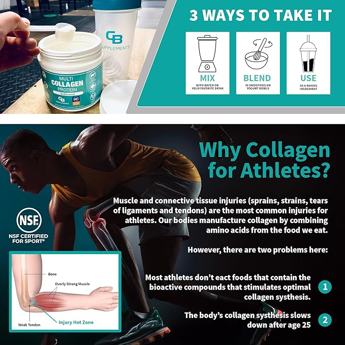CB Supplements NSF Certified for Sport Multi Collagen Protein Powder Bone, Skin, Hair, and Joint Support | Hydrolyzed Collagen Supplements (58 Servings (Pack of 1), Unflavored)
