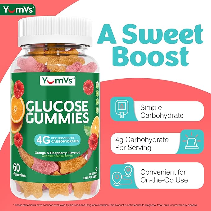 YUM-V'S Glucose Gummies – Fast Acting Glucose Chewable Gummies – Great Tasting – Gluten Free, Vegan, Non-GMO – Orange & Berry Natural Flavor – 60 Chewable Gummy for Adults & Kids (Pack of 2)