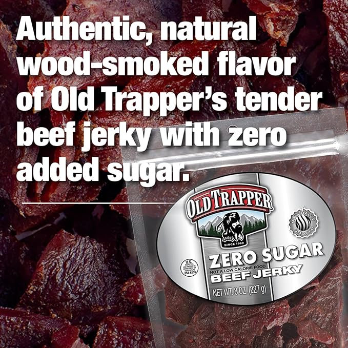 Old Trapper Zero Sugar Beef Jerky, Eight-Ounce Individual Package, Natural Wood Smoked Keto-Friendly Snack, 14 Grams of Protein, 70 Calories, and Zero Sugar Per Serving (Pack of One)