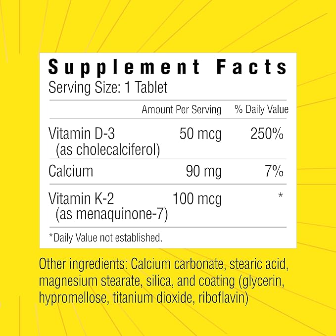 Sunshine Vitamin D3 with Vitamin K2, D3 2000 IU with K2 100 mcg for Healthy Muscle Function, Bone Health and Immune Support, Vitamin D3 K2, 60 Tablets