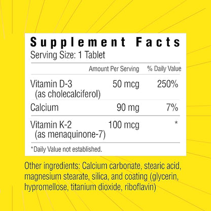 Sunshine Vitamin D3 with Vitamin K2, D3 2000 IU with K2 100 mcg for Healthy Muscle Function, Bone Health and Immune Support, Vitamin D3 K2, 60 Tablets