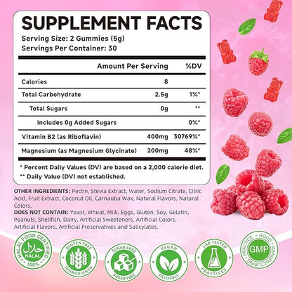 Vitamin B2 Gummies 400mg – Riboflavin Supplement with Magnesium for Kids & Adults | Supports Nervous System & Energy Production | Sugar Free, Vegan, Non-GMO, Raspberry Flavor - 60 Count