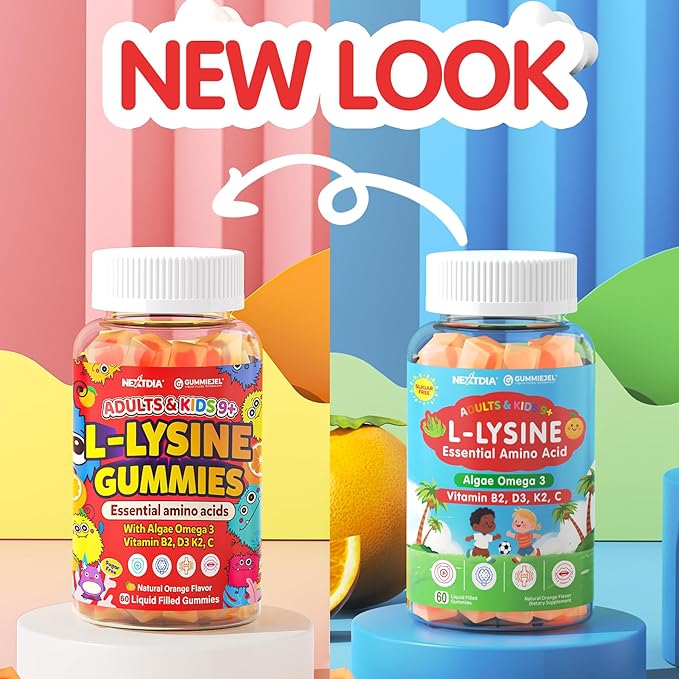 L-Lysine Gummies 500/1000mg with Algae Omega 3, Vitamin B2, D3, K2, C for Kids 9+, Teen & Adult, Lysine Supplement Support Immune, Lip & Oral, Collagen Production, Brain, Bone Health, Sugar Free 1Pack