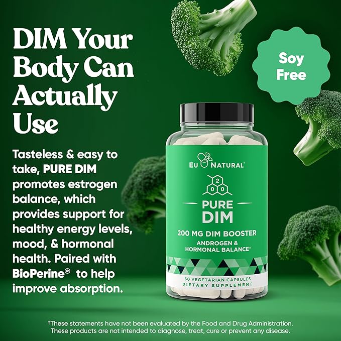 DIM Supplement Pure 200 Mg for Women or Men – Estrogen Hormone Balance Supplement for Energy, Fatigue, Stress, Menopause, Hot Flashes – Enhanced Bioavailability BioPerine – 60 Vegan Soft Capsules