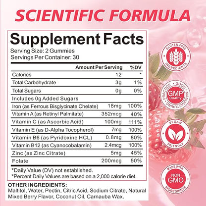 Iron Gummies for Women, Men & Kids, Vegan Iron Supplement with Vitamin C, B12, Folate for Energy Support & Immune Health, Sugar Free, 60 Gummies (Pack of 1)