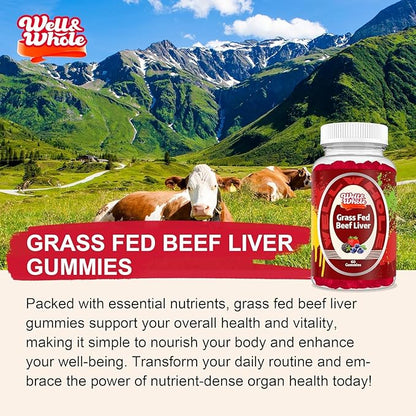 Well&Whole Grass Fed Beef Liver Gummies, Dessicated Beef Liver Supplement for Energy, Immunity, and Full Wellness - Non GMO, Gluten Free, for Adults and Kids, 120 Counts