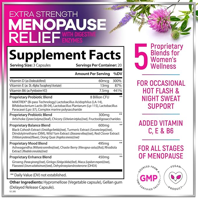 Menopause Supplements for Women - Hot Flash Night Sweats & Menopause Relief Pills - Probiotic Blend 8 Billion CFU Per Serving with Dong Quai & Black Cohosh - Vaginal, Digestive Support - 60 Capsules