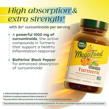 MegaFood Fast-Acting Turmeric Supplement - Clinically Studied - Joint Supplements for Men and Women - with Black Pepper for Absorption - 1,000 mg Curcuminoids Per Serving - 60 Capsules, 30 Servings