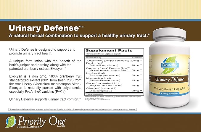 Priority One Vitamins Urinary Defense 100 Vegetarian Capsules - Supports Healthy Urinary System.*