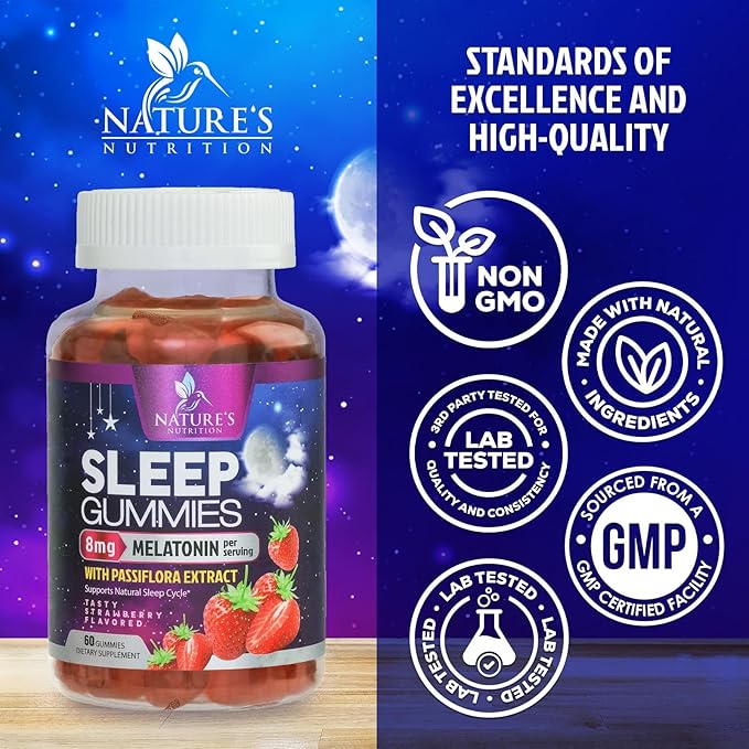 Sleep Gummies - 8mg Melatonin Per Serving - With Passiflora Extract for Restful Sleep - Fast Acting Melatonin Sleep Gummy Supplement for Adults, Vegan, Non-GMO, Tasty Strawberry Flavor - 60 Gummies