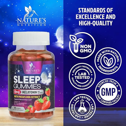 Sleep Gummies - 8mg Melatonin Per Serving - With Passiflora Extract for Restful Sleep - Fast Acting Melatonin Sleep Gummy Supplement for Adults, Vegan, Non-GMO, Tasty Strawberry Flavor - 60 Gummies