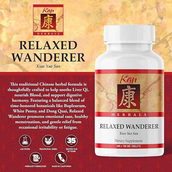 Kan Herbs Relaxed Wanderer Tablets – Traditional Chinese Herbal Blend with Dong Quai, White Peony & Bupleurum to Support Liver Qi Balance & Digestive Harmony, Xiao Yao San Formula, 300 Tablets