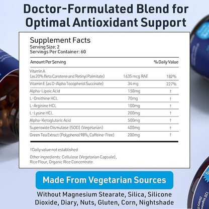 SOD Antioxidants Complex Healthy Aging Supplement - 400mg of Superoxide Dismutase - Alpha Lipoic Acid - Green Tea Extract - L-Arginine - Lysine - AKG - Vitamins A and E for Immune Support-120 Capsules