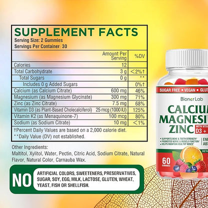 BionerLab Calcium Magnesium Zinc Gummies with Vitamin D3 & K2 - High Potency Enhanced Absorption - Orange and Berry Flavored