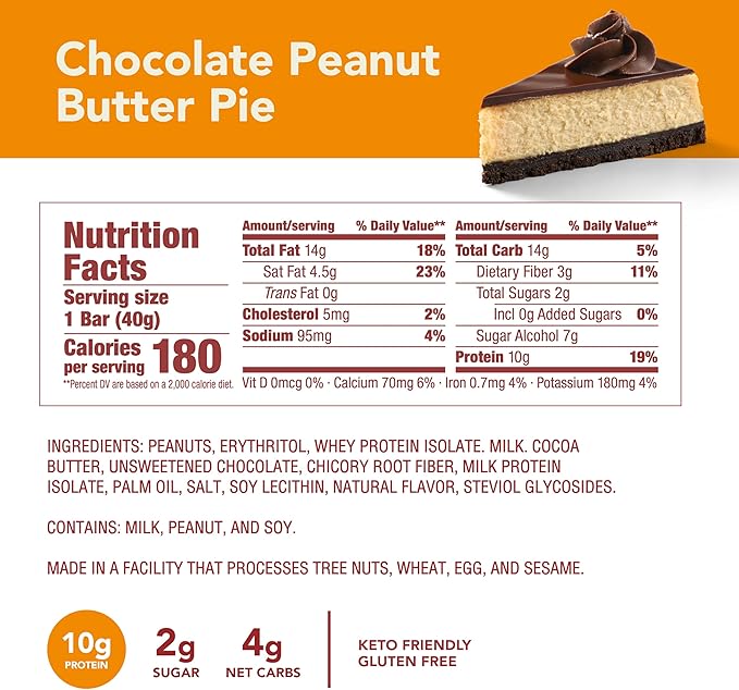 think! Keto Protein Bars, Healthy Low Carb, Low Sugar, Gluten Free Snack with No Artificial Sweeteners, 4G Net Carbs & 10G of Whey Protein - Chocolate Peanut Butter Pie (10 Count)