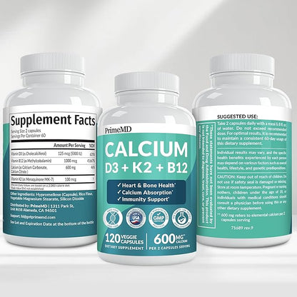4-in-1 Calcium Supplements for Women and Men - Calcium with Vitamin D3 K2 5000 IU Supplement, 600mg per Serving - Gluten-Free, Vegan-Friendly (120 ct)