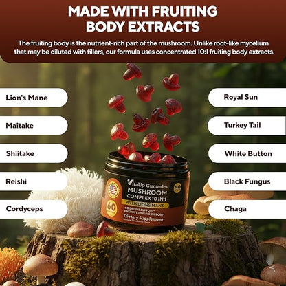 VitaUp Mushroom Supplement - USA Made 10 in 1 Mushroom Gummies - Mushroom Complex with Lions Mane, Cordyceps, Turkey Tail, Reishi, Shiitake for Cognitive & Immune Support - 60 Count