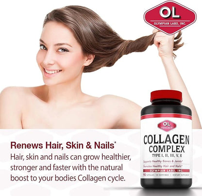 Olympian Labs Multi Collagen Complex Type I, II, III, V, X, Hair, Nails, Joint, Gut Health, 90 Caps, 30-Day Supply