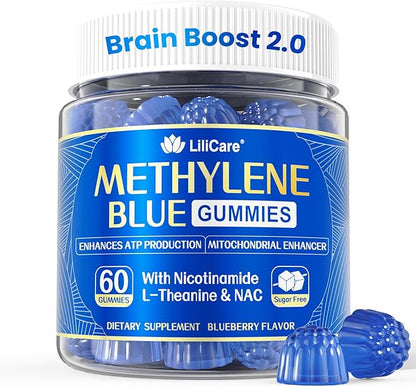 LILICARE Methylene Blue Gummies 7mg Per Serving for Humans | Upgraded Antioxidant & Brain Booster Supplement for Cognitive Function, Energy, Cellular & Mitochondrial Health | Pure, Vegan, 60 Counts