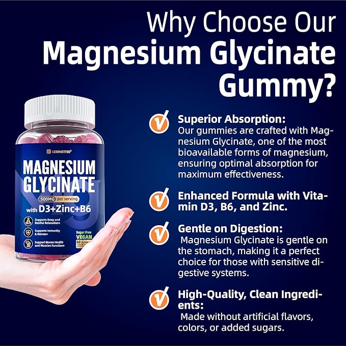 Magnesium Glycinate 500mg/250mg for Adults Teens - Plus D3,B6 & Zinc - Magnesium Glycinate Gummies,High Absorption - Support for Relaxation,Brain,Bone & Immunity Health - Sugar Free - 120Cts