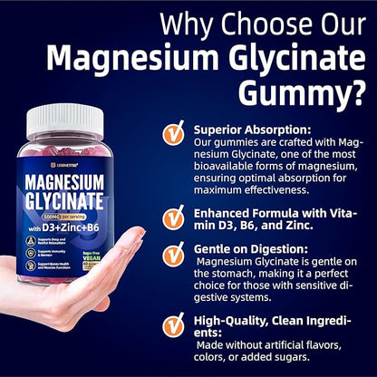 Magnesium Glycinate 500mg/250mg for Adults Teens - Plus D3,B6 & Zinc - Magnesium Glycinate Gummies,High Absorption - Support for Relaxation,Brain,Bone & Immunity Health - Sugar Free - 120Cts