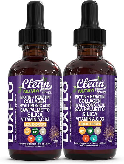 Biotin Liquid Drops Collagen Keratin Hyaluronic Acid Saw Palmetto for Hair Skin and Nails Silica Vitamin A C Vitamin D Bamboo Turmeric Zinc Folate Magnesium Horsetail LuxGlo By Clean Nutra - 2Pack