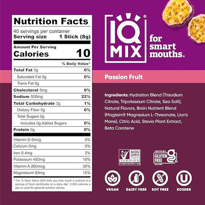 IQMIX Hydration Electrolyte Powder – 4-in-1 Formula for Hydration, Mental Clarity, Mood and Recovery – Sugar-Free Drink Mix, Keto, Magnesium L-Threonate, Lion’s Mane – 40 Count Passion Fruit