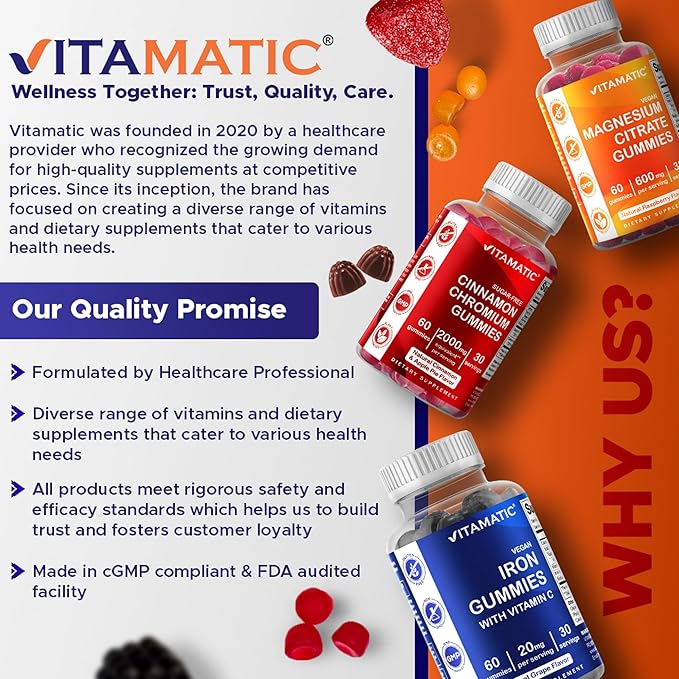 Vitamatic Kids Magnesium Calm Gummies - 60 Vegan Count - Great Tasting - Promote Healthy, Muscle, Bone, & Energy Support