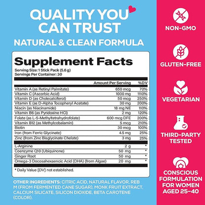 MOLO Prenatal Multi-Vitamin Drink Mix for Women – Packed with essential vitamins & antioxidants, DHA Omega-3, Methylfolate – 30 Stick Packs with Sweet Orange Flavor – Vegetarian, Gluten-Free & Non-GMO