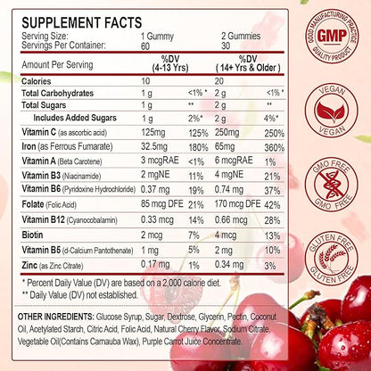 Iron Supplement for Women, Men & Kids, Iron 65mg & Vitamin C 250mg per Serving with B6 B12 Folate- Energy Support for Iron Deficiency, Anemia, Vegan Gummy Cherry Flavor, 60 Count