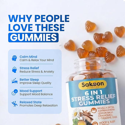 6-in-1 Stress Relief Gummies 60ct - Aids Relaxation with Ashwagandha, GABA, L-theanine, Lemon Balm, Chamomile, Black Cumin Seed Nigella Sativa. Improved Deep Sleep, Joint Support - 60 gummies