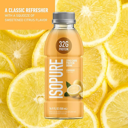 Isopure Zero Carb 32g Clear Protein Ready-to-Drink, Whey Protein Isolate, Lemonade, 12 Pack (Packaging May Vary)