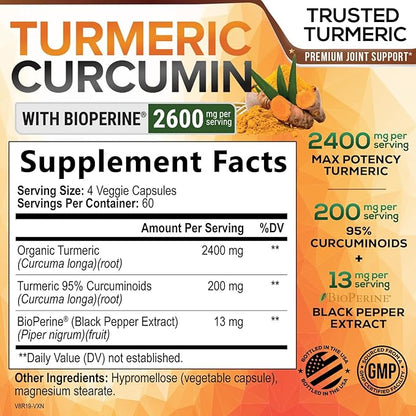 Turmeric Curcumin Supplement - 2400mg Organic Turmeric Per Serving - 95% Curcuminoids & BioPerine Black Pepper Extract for Best Absorption - Natural Vegan Joint Support, Bottled in USA - 240 Capsules