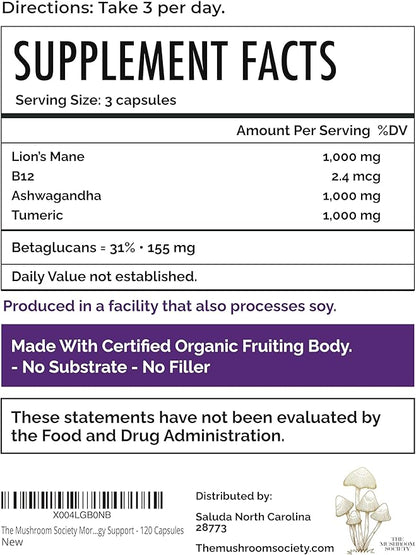 Morning Rush - Lion’s Mane, Ashwagandha, Turmeric & B12 Extract Blend - Mushroom Supplement for Focus & Energy Support - 120 Vegan Capsules