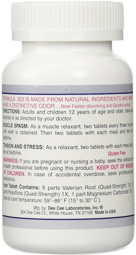 Dee Cee Labs Formula 303 Maximum Strength All-Natural Relaxant Tablets, 250 Tablets; All-Natural Relaxant containing Magnesium for Sore Muscles, Passion Flower, and Valerian Root