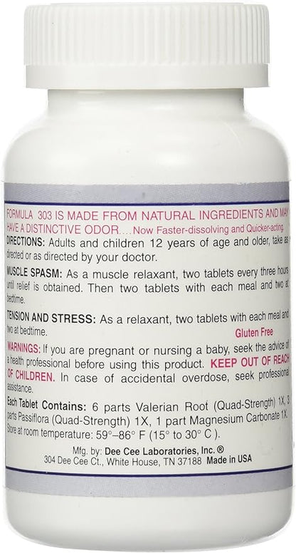 Dee Cee Labs Formula 303 Maximum Strength All-Natural Relaxant Tablets, 250 Tablets; All-Natural Relaxant containing Magnesium for Sore Muscles, Passion Flower, and Valerian Root