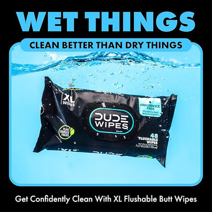 DUDE Wipes Unscented Flushable Wipes - Extra-Large Adult Wet Wipes for Sensitive Skin - 6 Pack (288 Count) - Infused with Vitamin E and Aloe - Septic and Sewer Safe