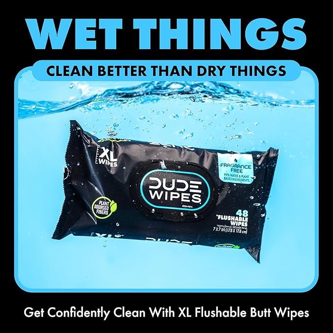 DUDE Wipes Unscented Flushable Wipes - Extra-Large Adult Wet Wipes for Sensitive Skin - 8 Pack (384 Count) + Mint Travel Pack (18 Count) - Infused with Vitamin E and Aloe - Septic and Sewer Safe